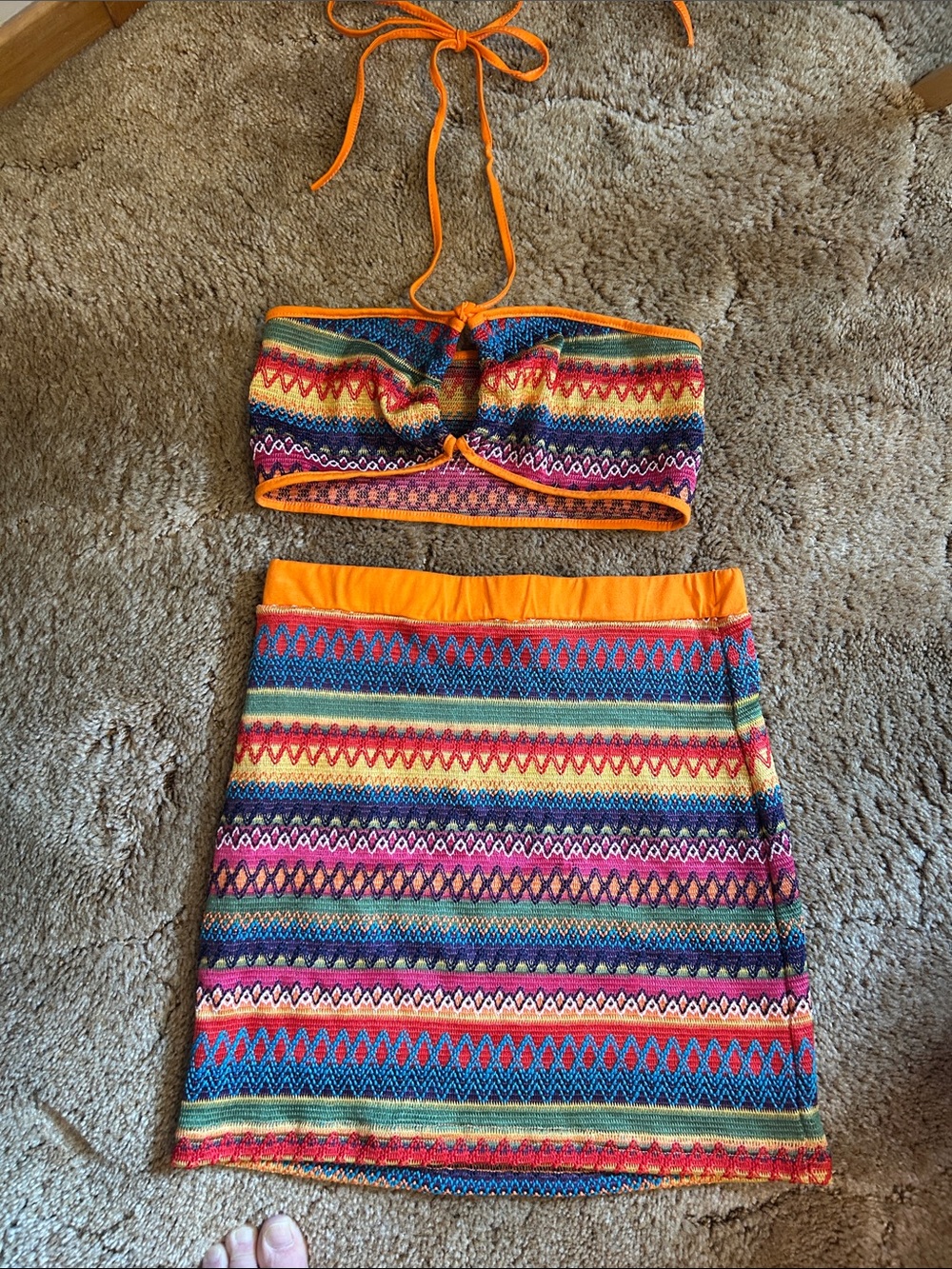 SHEIN bright orange trim 2 piece knit set - multicoloured Aztec stripes size M
